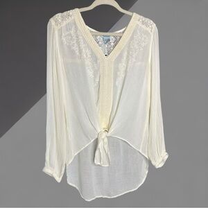 Nostalgia Long Sleeve Top w/ Lace Detail Self-Tie Front | Cream | Large